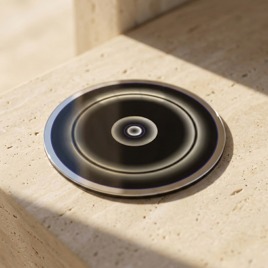 Decision, Pocket Portal Dibond — artwork disc on travertine