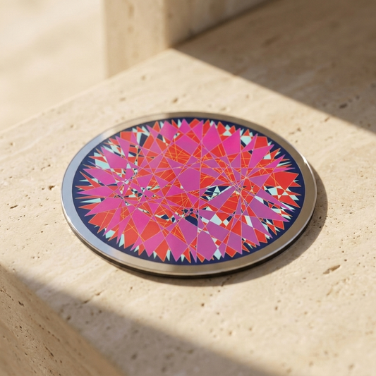 Defragmentation, Pocket Portal Dibond — artwork disc on travertine