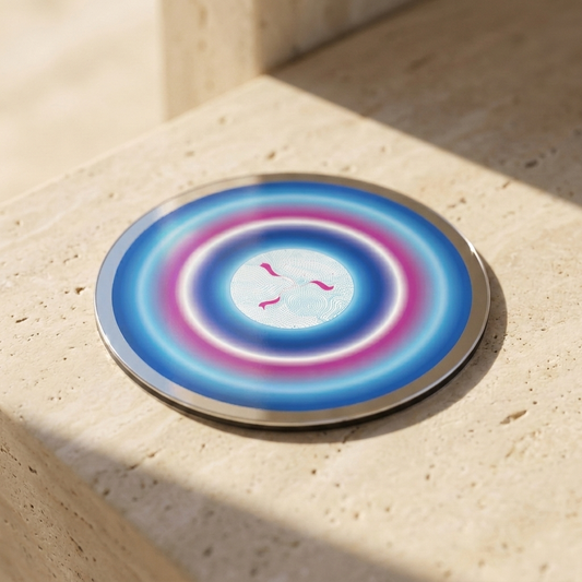 Dynamic Life Vortex Emphasized, Pocket Portal Dibond — artwork disc on travertine