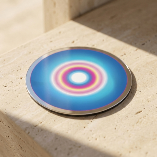 Easter Light 2, Pocket Portal Dibond — artwork disc on travertine