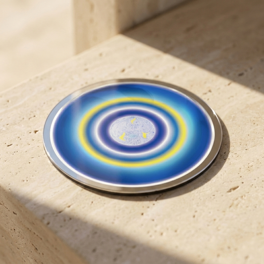 Harmony Emphasized, Pocket Portal Dibond — artwork disc on travertine