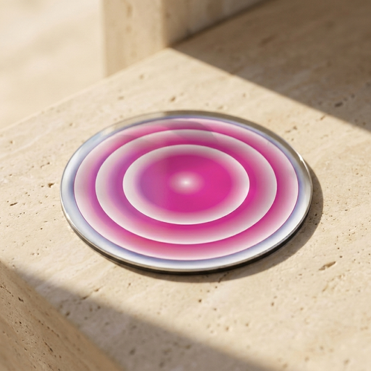 Liberation, Pocket Portal Dibond — artwork disc on travertine