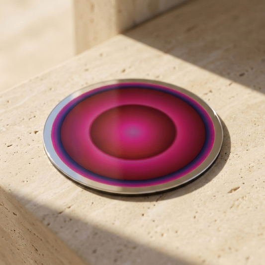 Mars Authoritative, Pocket Portal Dibond — artwork disc on travertine