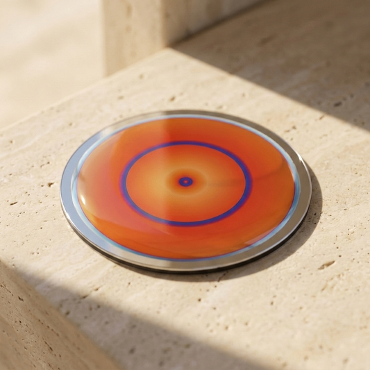 Mercury Infinite, Pocket Portal Dibond — artwork disc on travertine