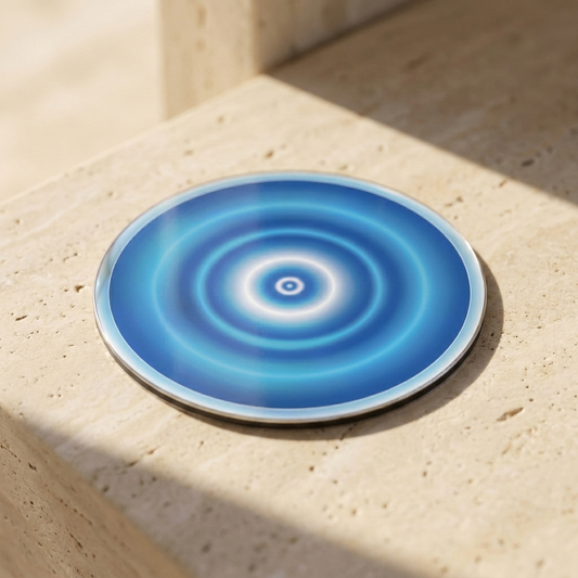 Moon, Pocket Portal Dibond — artwork disc on travertine