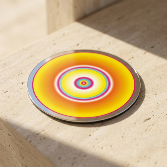 Sun Energy, Pocket Portal Dibond — artwork disc on travertine